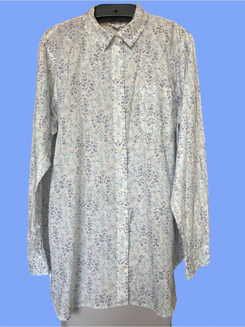 Old Navy Women's White Button-Down Shirt with Blue Floral Print